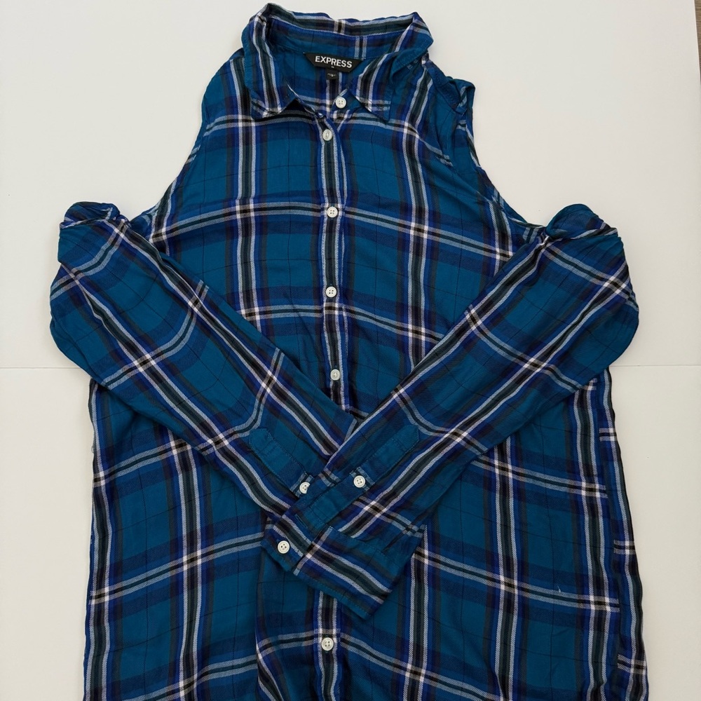 Express Blue Plaid Long Sleeve Shirt